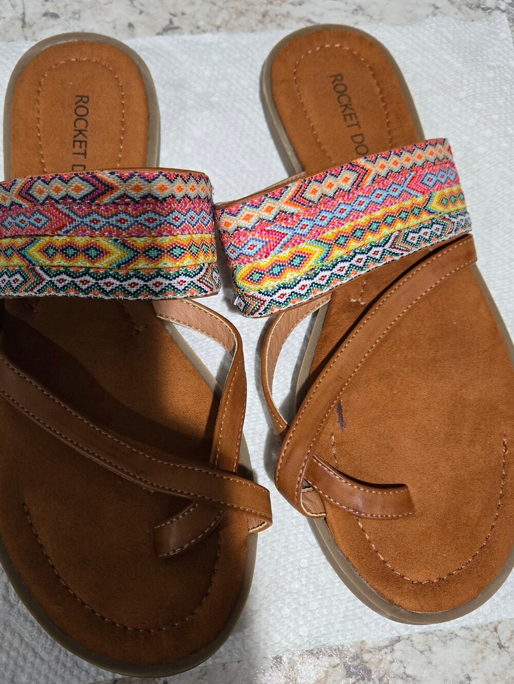 Rocket Dog Brown Slide Sandals with Multicolor Embroidered Strap